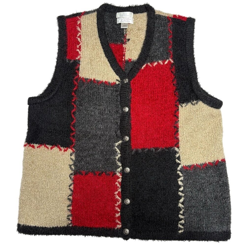 Christopher & Banks XL Patchwork Knit Vest Hand Embroidered Mohair Blend Women's